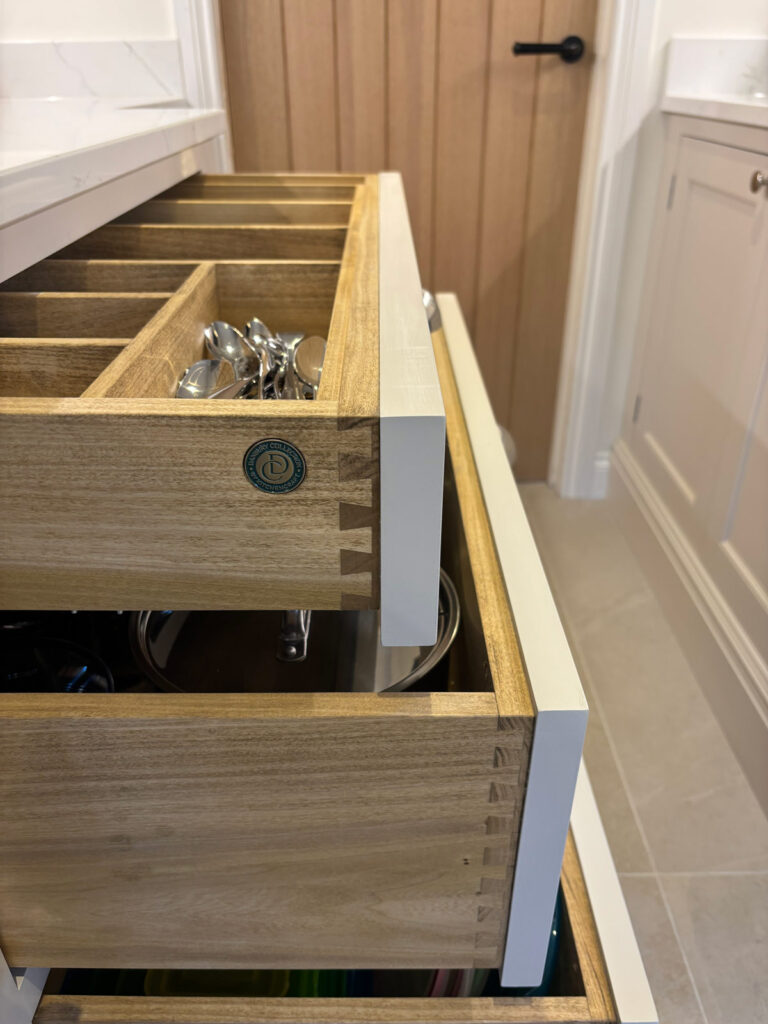 bespoke wooden draws pulled out in a bespoke kitchen